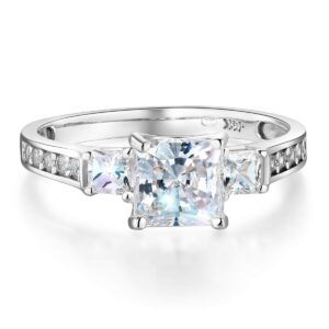 wellingsale ladies solid 14k white gold polished cz cubic zirconia princess cut three 3 stone engagement ring - size 6