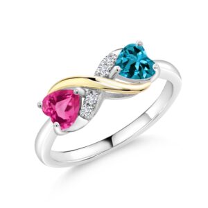 Gem Stone King 925 Sterling Silver and 10K Yellow Gold Pink Created Sapphire London Blue Topaz and White Lab Grown Diamond Women Ring (1.19 Cttw, Available In Size 5, 6, 7, 8, 9)