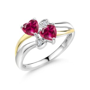 gem stone king 925 silver and 10k yellow gold red created ruby and white lab grown diamond ring for women (1.22 cttw, july birthstone, heart shape 5mm, size 8)