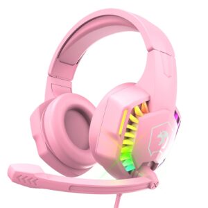 wired gaming headset with rainbow rgb backlight retractable noise isolating microphone stereo sound deep bass memory foam earmuff over ear headphone for ps4 xbox one switch pc mac gamer music (pink)