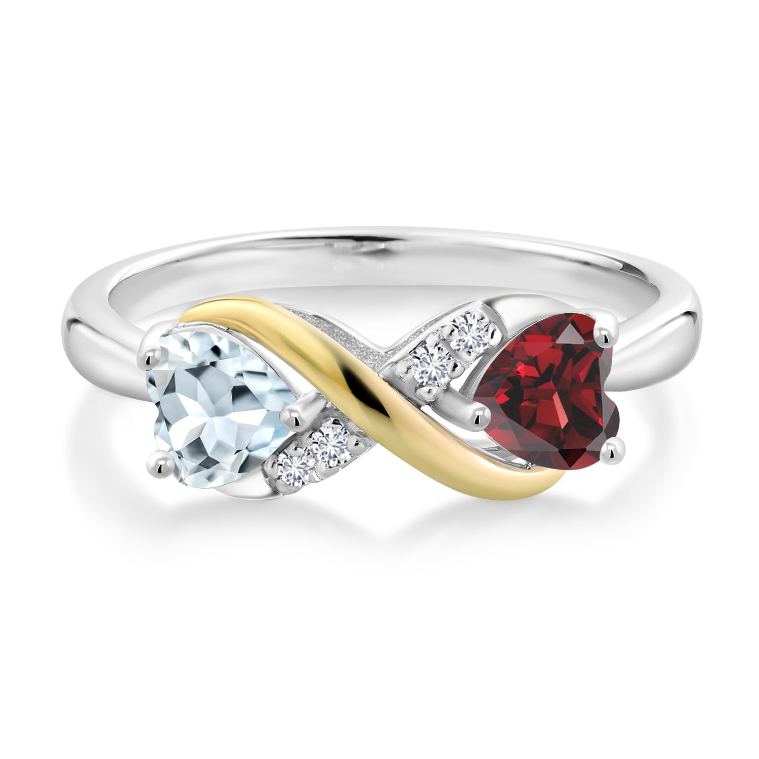 Gem Stone King 925 Sterling Silver and 10K Yellow Gold Sky Blue Aquamarine Red Garnet and Lab Grown Diamond Women Ring (1.06 Cttw, Gemstone Birthstone, Available In Size 5, 6, 7, 8, 9)