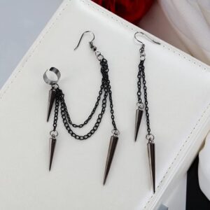 Black Spike Asymmetric Threader Drop Dangle Earrings for Women Men Teen Girls Boys Punk Personalized Cartilage No Pierced Cuff Long Chain Fish Hook Piercing Hanging Earrings for Boyfriend Daughter Son