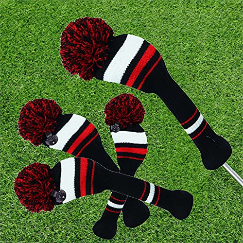 Golf Club Head Covers for Woods and Driver Fairway Hybrids Knit Set of 3 or 4 with Number Tag Pom Pom Clubs Headcovers for Men Women (4 Pack-Black&Red&White Stripes)