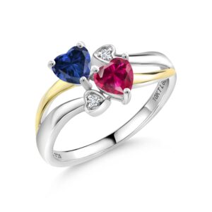 gem stone king 925 silver and 10k yellow gold blue created sapphire and red created ruby and white lab grown diamond ring for women (1.12 cttw, september birthstone, heart shape 5mm, size 8)