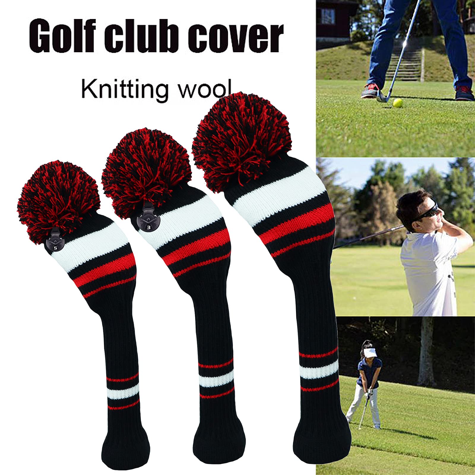 Golf Club Head Covers for Woods and Driver Fairway Hybrids Knit Set of 3 or 4 with Number Tag Pom Pom Clubs Headcovers for Men Women (3 Pack-Black&Red&White Stripes)