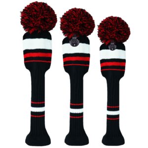 Golf Club Head Covers for Woods and Driver Fairway Hybrids Knit Set of 3 or 4 with Number Tag Pom Pom Clubs Headcovers for Men Women (3 Pack-Black&Red&White Stripes)