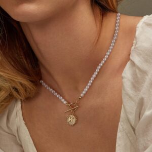 Initial Choker Pearl Necklace for Women, 14K Gold Plated Handmade 4MM Simulated Pearl Necklace Choker Dainty Toggle Clasp M Initial Coin Pendant Pearl Necklace Jewelry Gifts for Women (M)