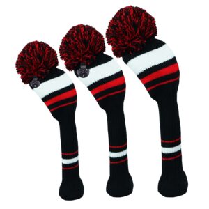 Golf Club Head Covers for Woods and Driver Fairway Hybrids Knit Set of 3 or 4 with Number Tag Pom Pom Clubs Headcovers for Men Women (3 Pack-Black&Red&White Stripes)