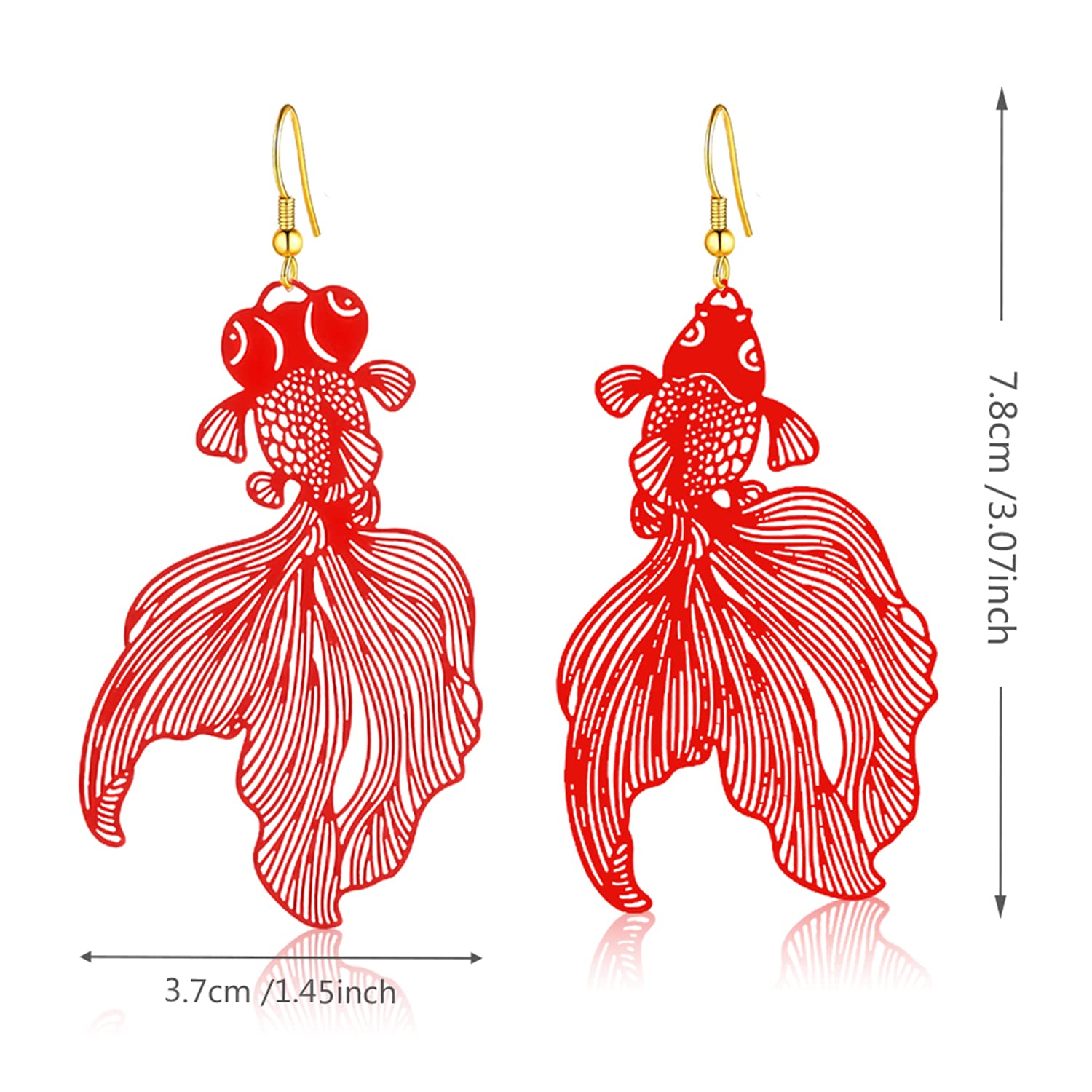 WUWEIJIAJIA Bohemian Lightweight Hollow Goldfish Dangle Drop Earrings Unique Long Tropical Fish Earrings for Women (Red)