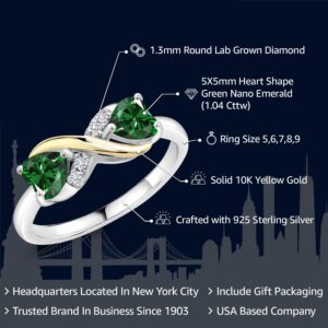 Gem Stone King 925 Sterling Silver and 10K Yellow Gold Green Nano Emerald and White Lab Grown Diamond Ring For Women (1.04 Cttw, Heart Shape 5MM, Available in size 5, 6, 7, 8, 9)