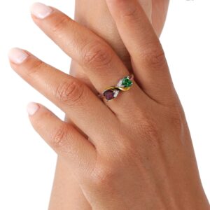 Gem Stone King 925 Sterling Silver and 10K Yellow Gold Green Nano Emerald Red Rhodolite Garnet and White Lab Grown Diamond Ring For Women (1.09 Cttw, Available In Size 5, 6, 7, 8, 9)