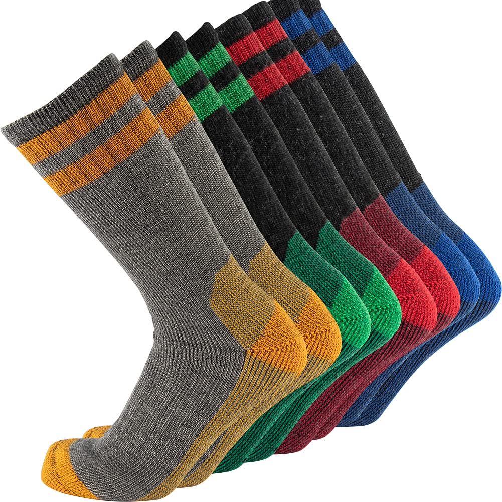 Cerebro Merino Wool Socks for Men, Cushioned Mid-calf Socks Moisture Wicking Men's Hiking Socks for Home, Trekking, Outdoors (4Pairs Yellow+Green+Red+Blue)