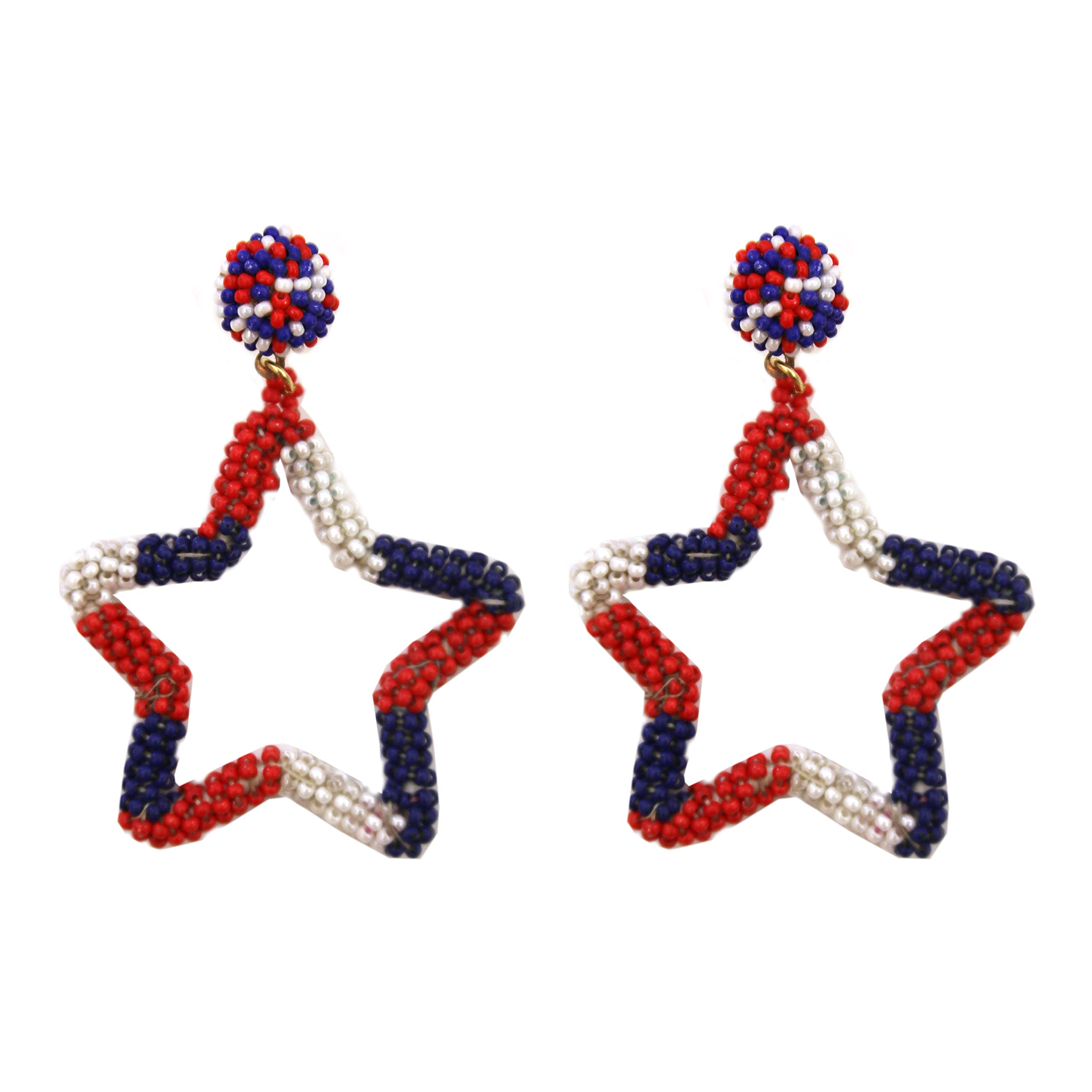 Lux Accessories July 4th Gold tone Red, White, Blue Beaded Star Hoop Stud Earrings