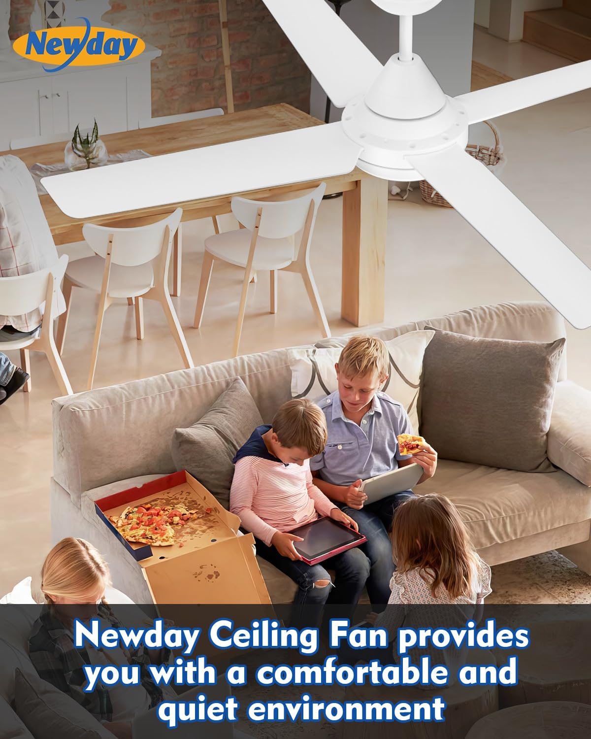 Newday 48-in Ceiling Fan with Lights and Remote, White Ceiling Fan with 4 Reversible Blades, Quit Motor, 3 Speed, Modern Adjustable Color Temperature for Indoor Outdoor