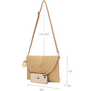 YIKOEE Straw Purse for Women Summer Beach Woven Bag With PomPom (Khaki)