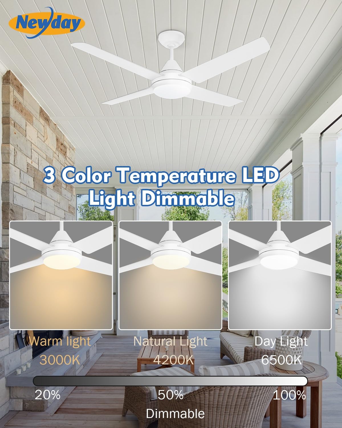 Newday 48-in Ceiling Fan with Lights and Remote, White Ceiling Fan with 4 Reversible Blades, Quit Motor, 3 Speed, Modern Adjustable Color Temperature for Indoor Outdoor