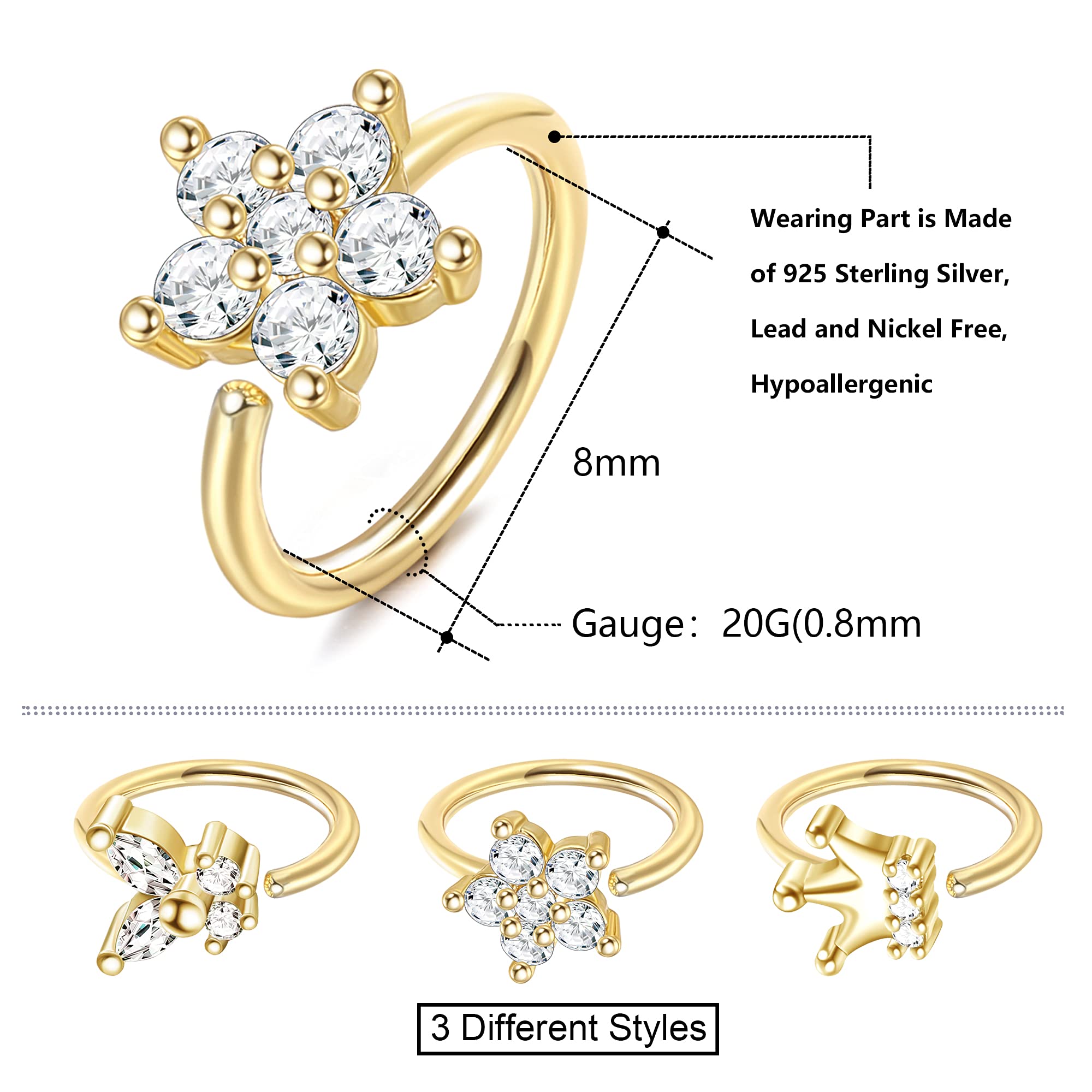 Drperfect 3Pcs 925 Sterling Silver Pin Nose Ring Hoop Paved CZ Flower Butterfly Crown Cartilage Earring for Women Men Ear Piercing Nose Piercing Hoop Body Piercing Jewelry