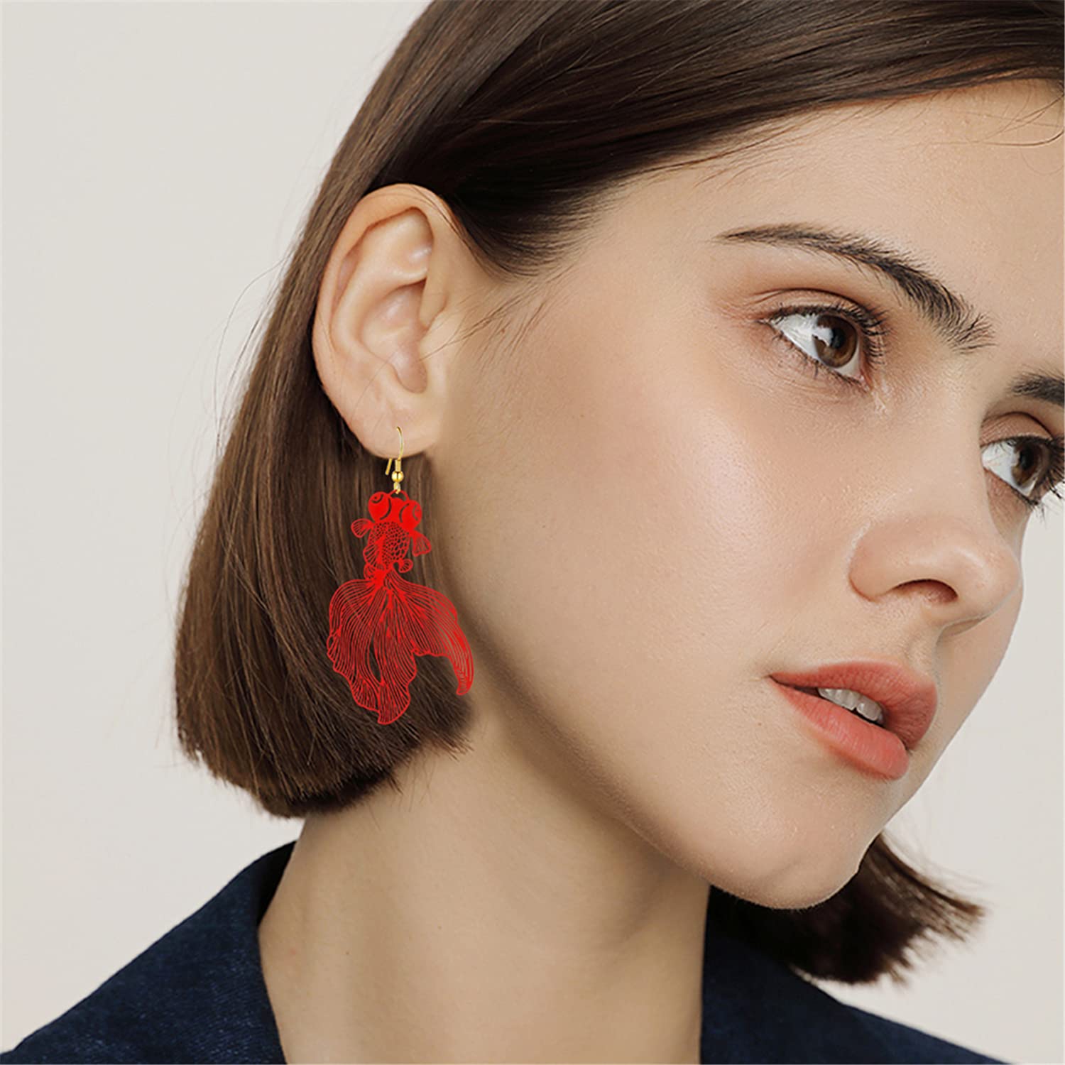 WUWEIJIAJIA Bohemian Lightweight Hollow Goldfish Dangle Drop Earrings Unique Long Tropical Fish Earrings for Women (Red)