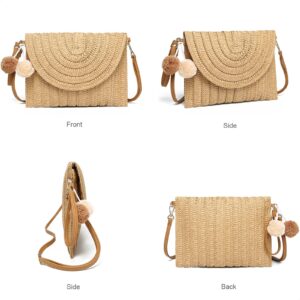 YIKOEE Straw Purse for Women Summer Beach Woven Bag With PomPom (Khaki)