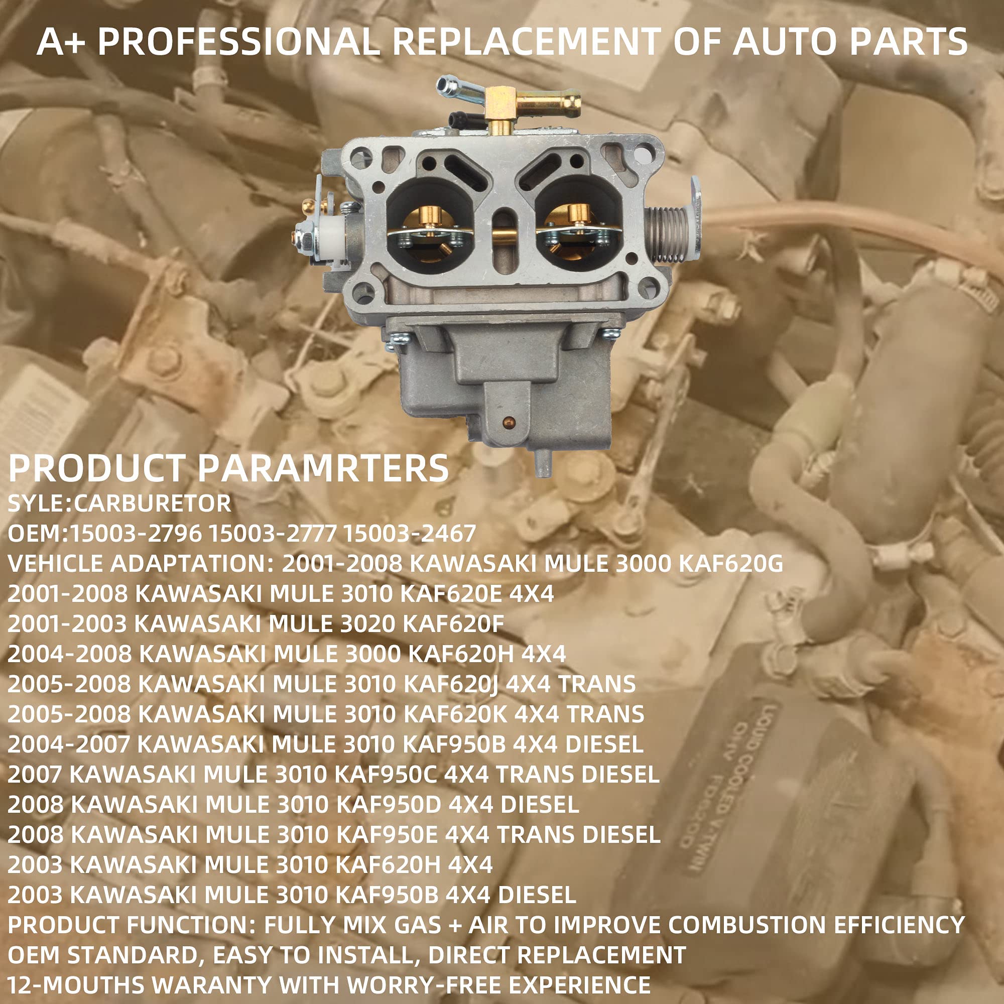 Dasbecan 15003-2766 Carburetor Carb with Repair Kit Compatible with Kawasaki Mule 3000 3010 3020 2001-2008 Trans 4x4 Carb kit