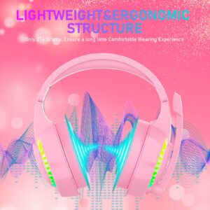 Wired Gaming Headset with Rainbow RGB Backlight Retractable Noise Isolating Microphone Stereo Sound Deep Bass Memory Foam Earmuff Over Ear Headphone for PS4 Xbox One Switch PC Mac Gamer Music (Pink)