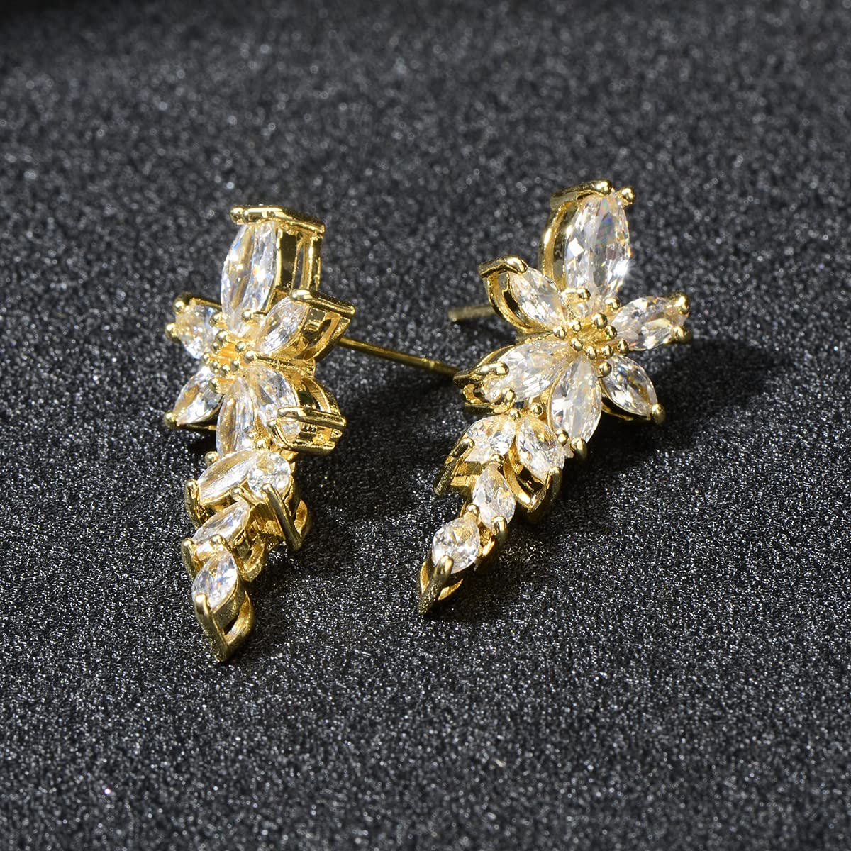 Gold Cubic Zirconia Bridal Earrings - Women’s Marquise CZ Cluster Floral Leaf Crystal Rhinestone Dangle Drop Earring Sterling Silver for Bride Bridesmaids Mother of Bride Party Prom Earrings for Girls