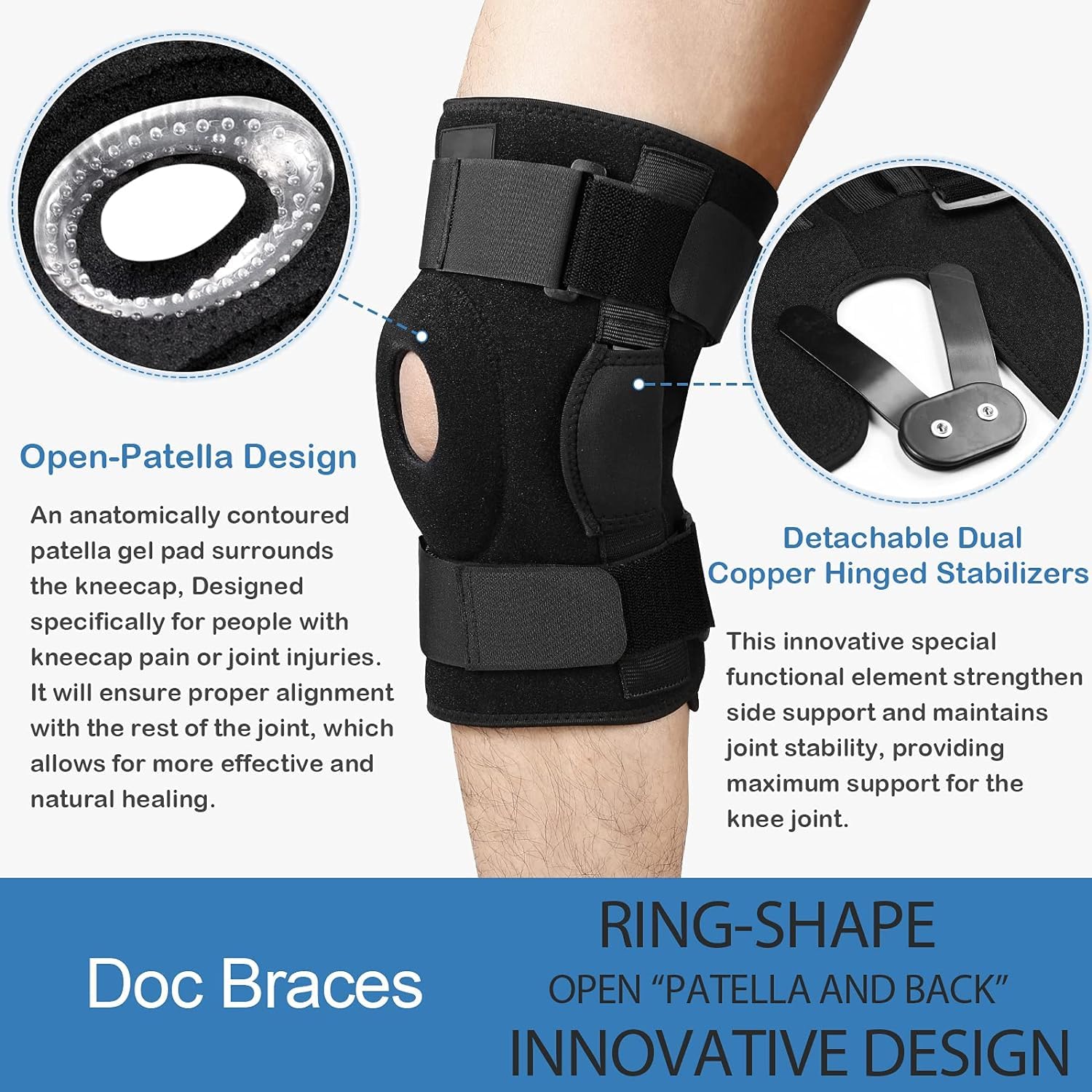 Docbraces Hinged Knee Brace for Knee Pain, Adjustable Compression Knee Support Brace for Men & Women, Open Patella Knee Wrap for Swollen,Meniscus Tear,ACL,PCL,Joint Pain Relief,Injury Recovery