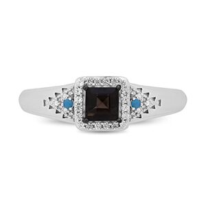 Jewelili Enchanted Disney Fine Jewelry Sterling Silver 4 MM Square Smoky Quartz and 1.25MM Cabochon Round Turquoise with 1/10 Cttw Natural White Round Diamond Pocahontas Ring, Size 7