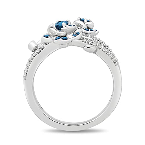 Jewelili Enchanted Disney Fine Jewelry Sterling Silver 3 MM Round London Blue Topaz and 1/6 Cttw Natural White Round Diamond Cinderella 70th Gardania Flower Ring, Size 8