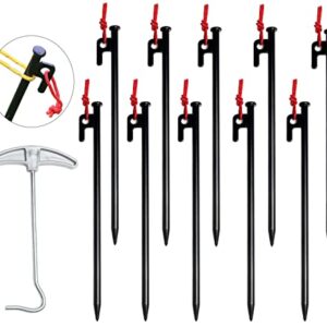 Hikeman 10pc-Pack Steel Tent Stakes,7.8”/11.8” Heavy Duty Tent Pegs with Stakes Puller Black Ground Nails for Car Camping Shelter Outdoor Trip Canopy (Black 11.8 inch)