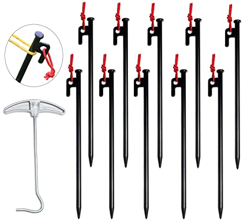 Hikeman 10pc-Pack Steel Tent Stakes,7.8”/11.8” Heavy Duty Tent Pegs with Stakes Puller Black Ground Nails for Car Camping Shelter Outdoor Trip Canopy (Black 11.8 inch)