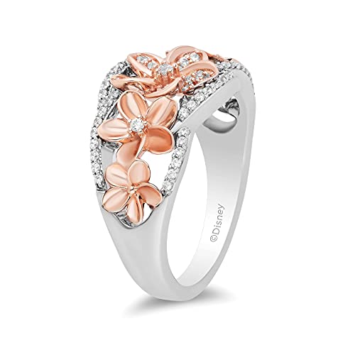 Jewelili Enchanted Disney Fine Jewelry Sterling Silver and 10K Rose Gold 1/4 Cttw Natural White Round Diamond Moana Plumeria Flower Ring, Size 9