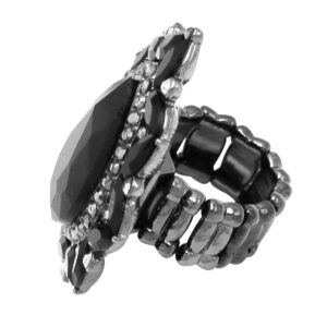 Rosemarie & Jubalee Women's Stunning Statement Teardrop Glass Crystal Stretch Cocktail Ring (Jet Black Hematite Tone)