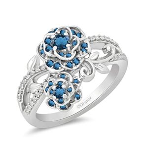 jewelili enchanted disney fine jewelry sterling silver 3 mm round london blue topaz and 1/6 cttw natural white round diamond cinderella 70th gardania flower ring, size 8