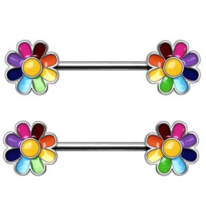 pierced owl 14ga stainless steel rainbow flower nipple barbells, sold as a pair