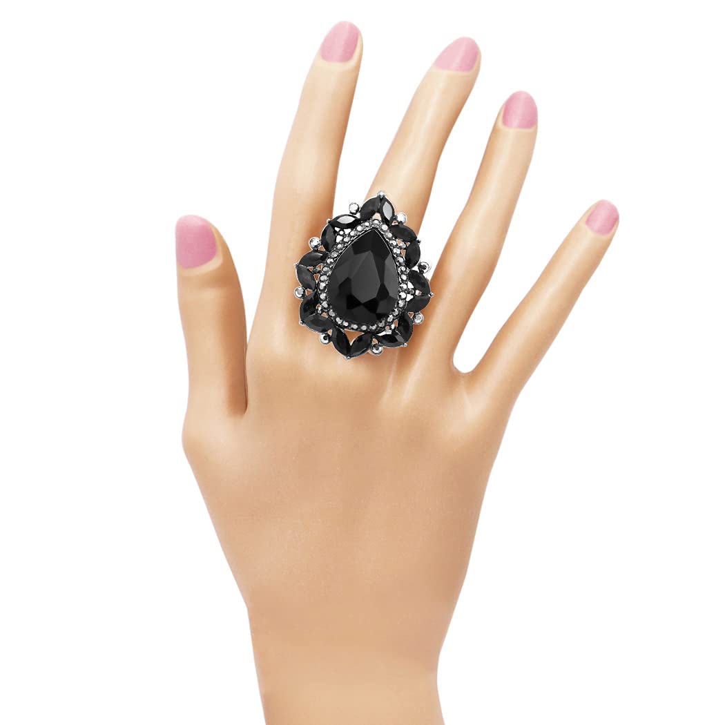 Rosemarie & Jubalee Women's Stunning Statement Teardrop Glass Crystal Stretch Cocktail Ring (Jet Black Hematite Tone)