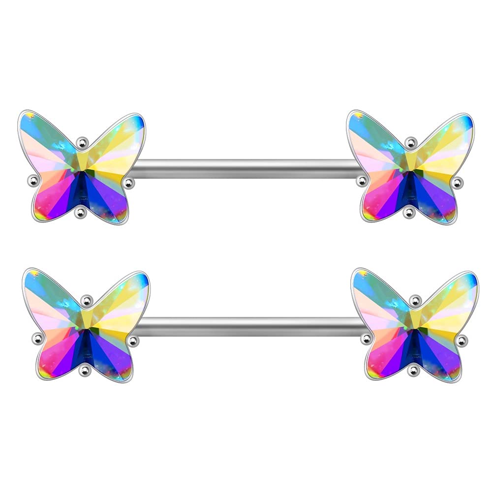 Pierced Owl 14GA Stainless Steel Crystal Aurora Borealis Butterfly Nipple Barbells, Sold as a Pair