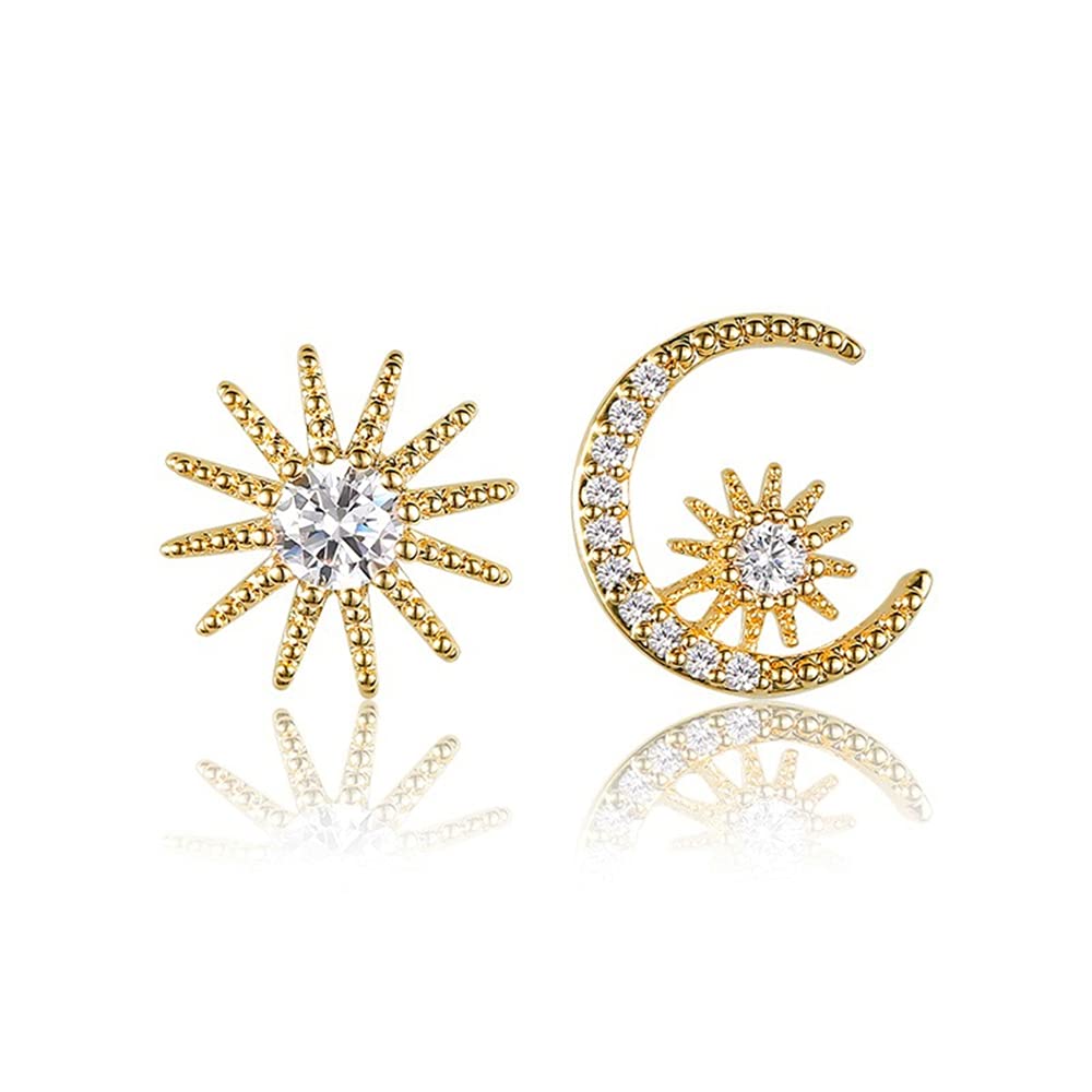 Golden Star Crescent Moon Stud Earrings S925 Silver Clear CZ Sun Ear Studs Piercing Earring Set for Women Girls