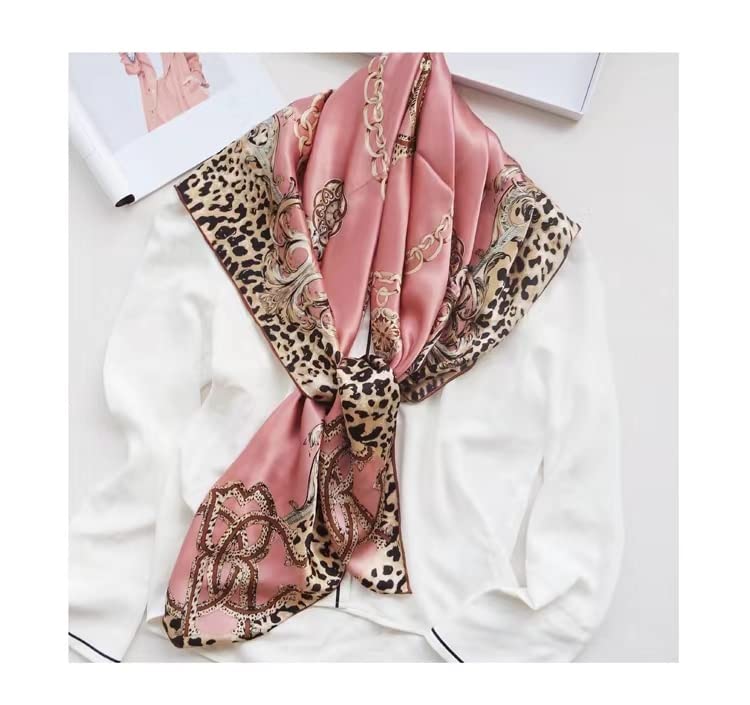 ANDANTINO 100% Pure Mulberry Silk Scarf 43" Large Square Lightweight Headscarf& Shawl–Women Hair Wraps-With Gift Packed (Leopard Print-Pink)