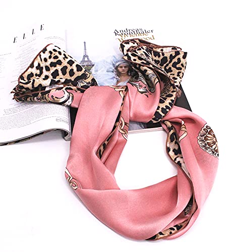 ANDANTINO 100% Pure Mulberry Silk Scarf 43" Large Square Lightweight Headscarf& Shawl–Women Hair Wraps-With Gift Packed (Leopard Print-Pink)