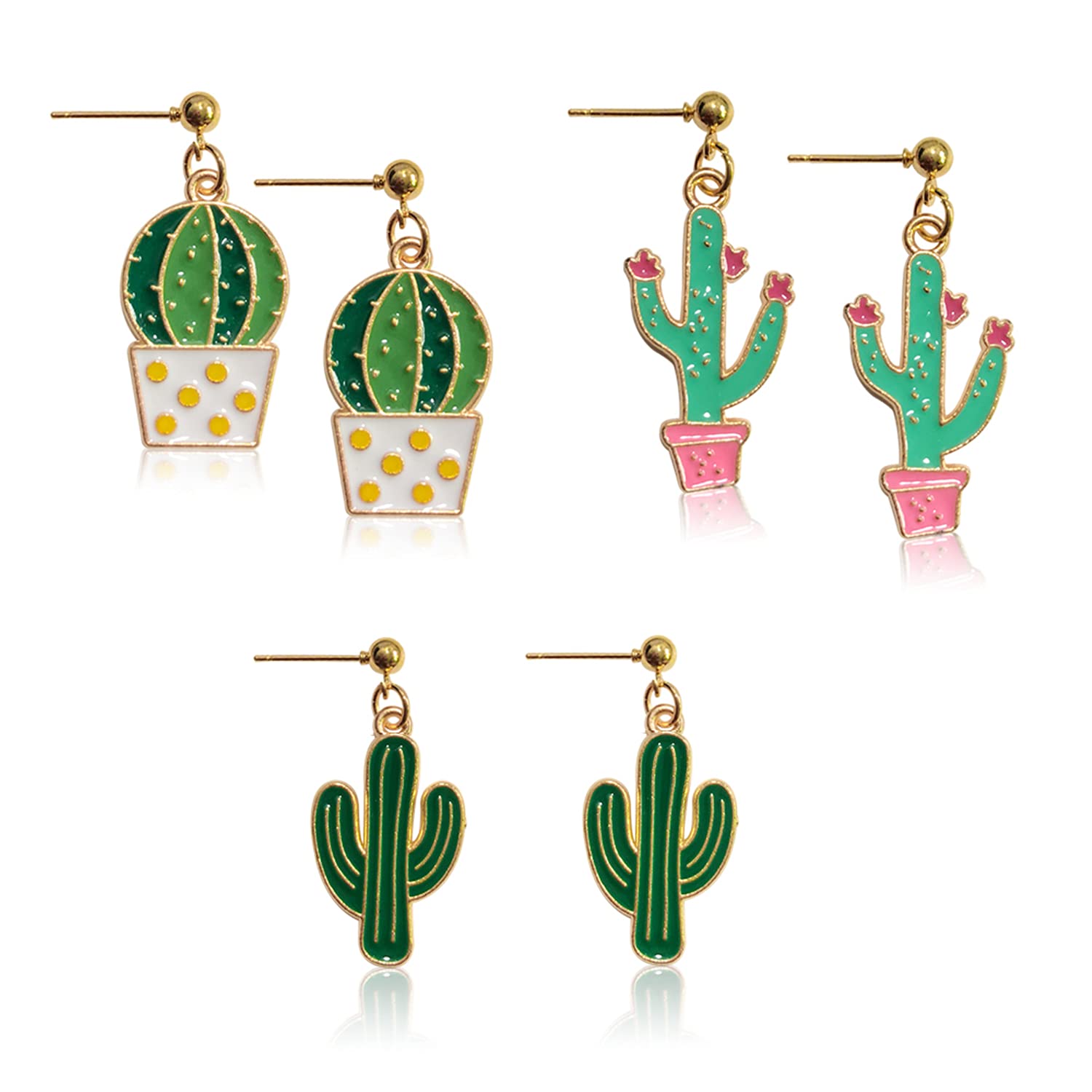 WUWEIJIAJIA 3 Pairs Unique Handmade Lightweight Funny Green Enamel Plant Cactus Dangle Drop Earrings Sets for Women Sweet Creative Potted Plant Stud Earrings (3 Pairs)