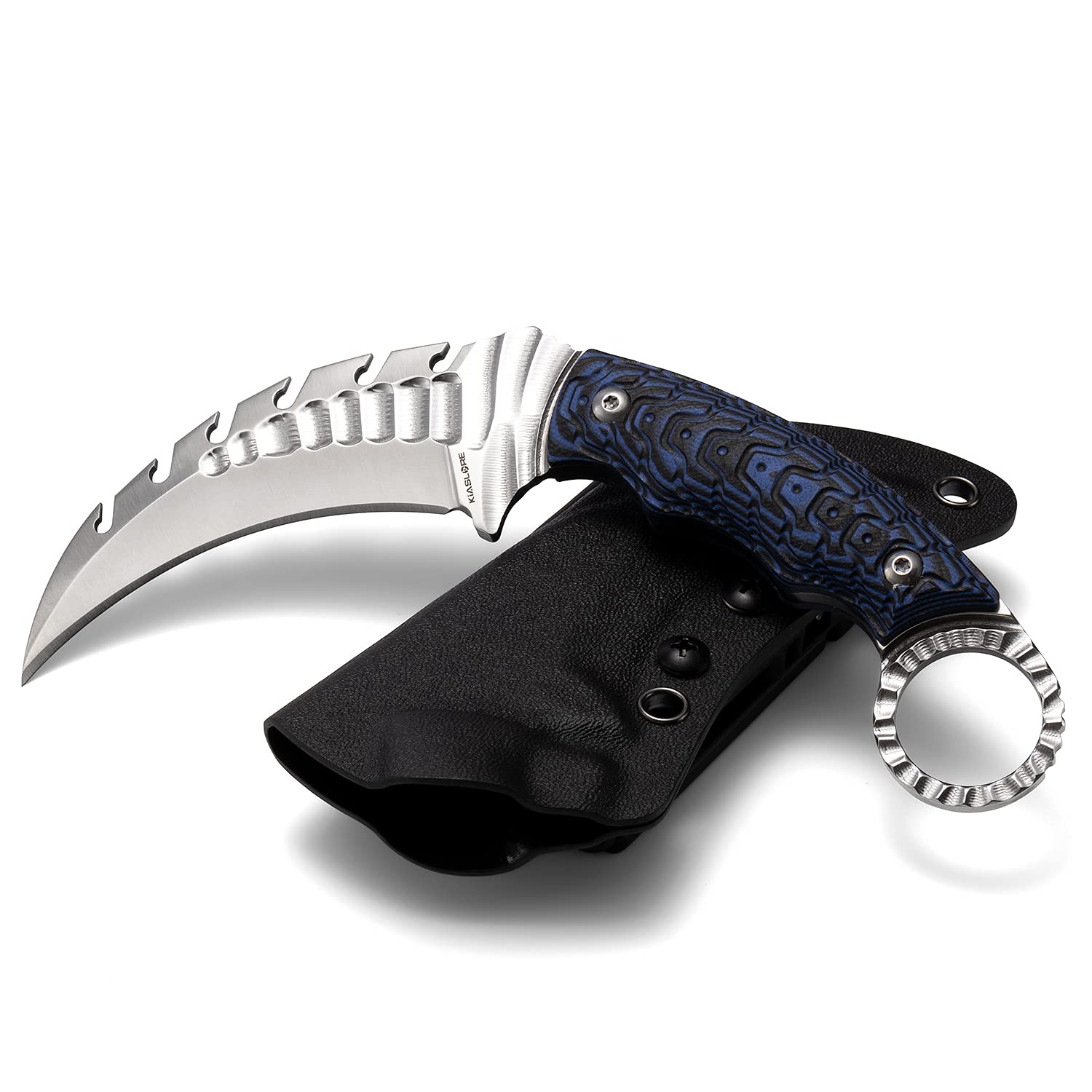 KIASLORE Karambit Knife - D2 Steel Fixed Blade Knife, Camping Knife, Survival Knives & Hunting Knives EDC tool with Snake pattern Handle & Knife Sheath Blue