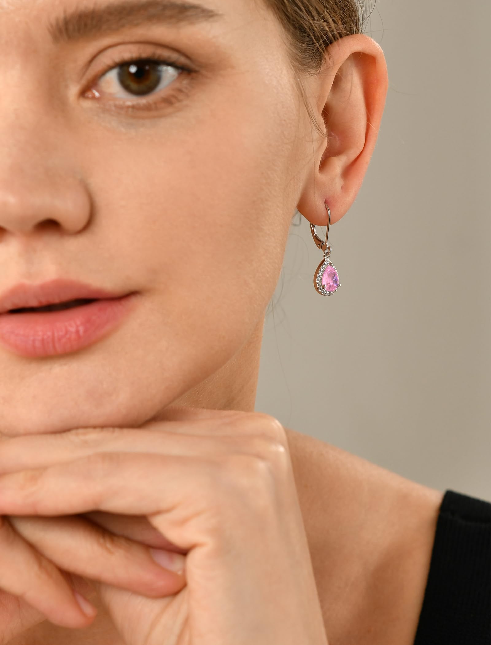 YL Women's Dangle Drop Earrings Sterling Silver Solitaire Leverback Earrings Halo Teardrop Created Pink Tourmaline Jewelry Gifts