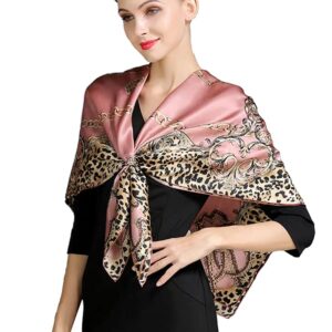 ANDANTINO 100% Pure Mulberry Silk Scarf 43" Large Square Lightweight Headscarf& Shawl–Women Hair Wraps-With Gift Packed (Leopard Print-Pink)