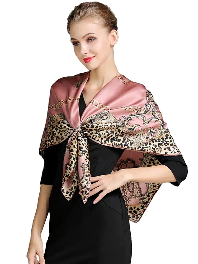 ANDANTINO 100% Pure Mulberry Silk Scarf 43" Large Square Lightweight Headscarf& Shawl–Women Hair Wraps-With Gift Packed (Leopard Print-Pink)