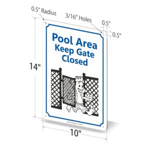 SmartSign 14 x 10 inch “Pool Area - Keep Gate Closed” Metal Sign with Funny Graphic, 40 mil Laminated Rustproof Aluminum, Blue, Black and White, Made in USA