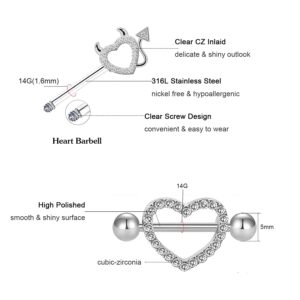 BODY16G CZCZ 2 Pairs 14G Heart Nipple Ring 316L Surgical Steel Nipple Barbell Demon Nipple Rings Body Piercing Jewelry CZ Inlay Nipple Piercing Retainer for Women Men