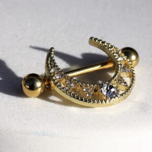 Pierced Owl 14GA Gold Plated Stainless Steel Jeweled Tribal Crescent Moon Nipple Shields, Sold as a Pair