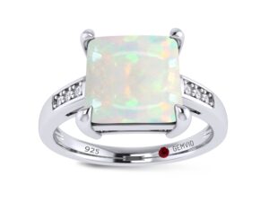 gemvio collection 8mm princess cut natural white opal gemstone & diamond accent solitaire design ring in 14k white gold over sterling silver engagement wedding ring for women-7