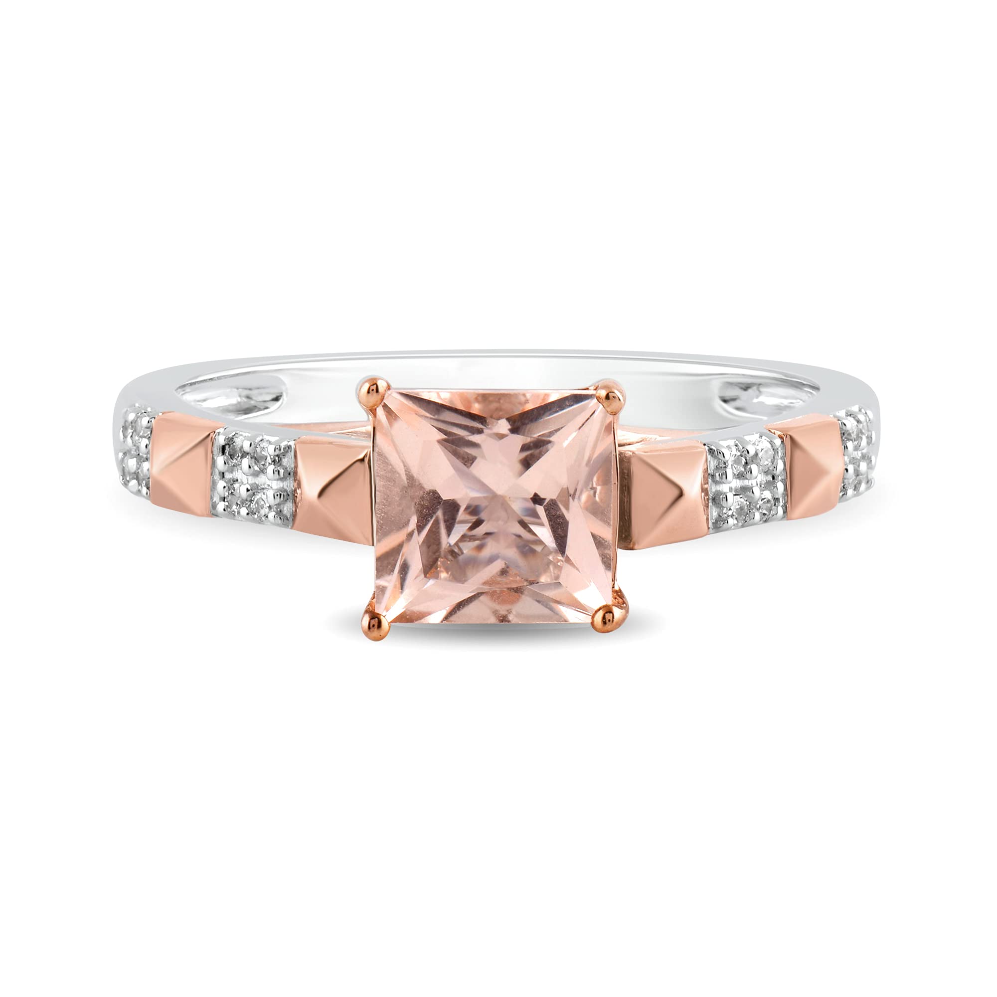 Jewelili Enchanted Disney Fine Jewelry Sterling Silver and 10K Rose Gold 6 MM Cushion Center Morganite and 1/20 Cttw Natural White Round Diamonds Aurora Engagement Ring Size 7